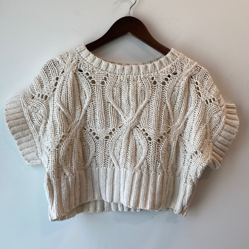 By Together Sweater Women S Cream Cable Knit Cropped Short Sleeve Boho Fisherman